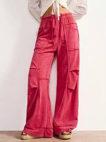 Bohemela BOHO Winter Christmas New Year Casual Solid Color Knit Loose Flare Pants For Women - Red - View 2