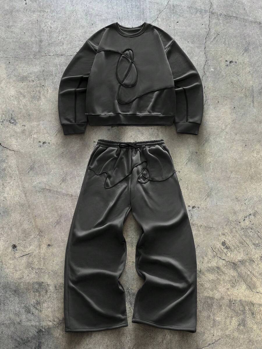 AXEPEAK 男士圆领条纹拼接卫衣，带抽绳腰袋，休闲时尚套装，秋冬款 - 深灰色 - 查看 1