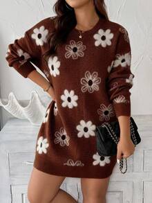 EMERY ROSE Plus Size Women Floral Jacquard Crew Neck Long Sleeve Casual Knit Dress - Brown - View 1