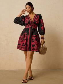 Travachic 大码女式碎花连衣裙，V领A字裙，七分袖短款连衣裙，适合早春浪漫约会旅行 - 彩色 - 查看 5