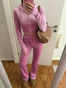 SHEIN EZwear Zip Up Drawstring Hooded Two Piece Jacket & Pants - Pink - View 5