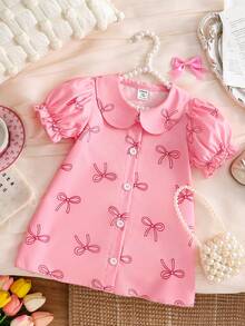 Souflis Souflis 女婴彼得潘领泡泡袖A字衬衫裙，蝴蝶印花，甜美可爱，夏季新款 - 粉色 - 查看 1