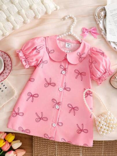 Souflis Souflis 女婴彼得潘领泡泡袖A字衬衫裙，蝴蝶印花，甜美可爱，夏季新款