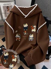 Resyla 女士卫衣 / 可爱小猫印花 / 休闲简约时尚卫衣 / 刺绣 / 时尚上衣 / 卡通卫衣 / 复古冬日卫衣 / 秋冬宽松圆领长袖连帽衫 / 女士春季套头衫、时尚卫衣、女士蕾丝边撞色连帽衫、长袖上衣、秋冬连帽衫 - 咖啡棕 - 查看 1