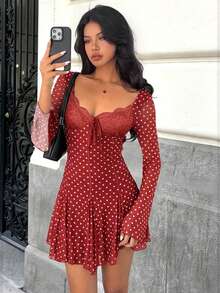 MainGRL Chic Polka Dot A Line Mini Dress Featuring Deep V Neck Flared Hem Extra Long Flare Sleeves And Elegant Mesh Fabric In Burgundy - Burgundy - View 1