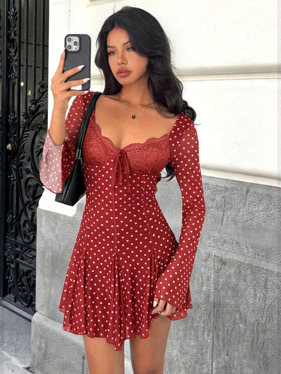 MainGRL Chic Polka Dot A Line Mini Dress Featuring Deep V Neck Flared Hem Extra Long Flare Sleeves And Elegant Mesh Fabric In Burgundy - Burgundy - View 1