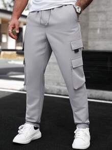 Manfinity CasualCool 男士休闲时尚街头日常通勤简约百搭纯色抽绳腰带翻盖口袋工装裤 - 淺灰色 - 查看 5