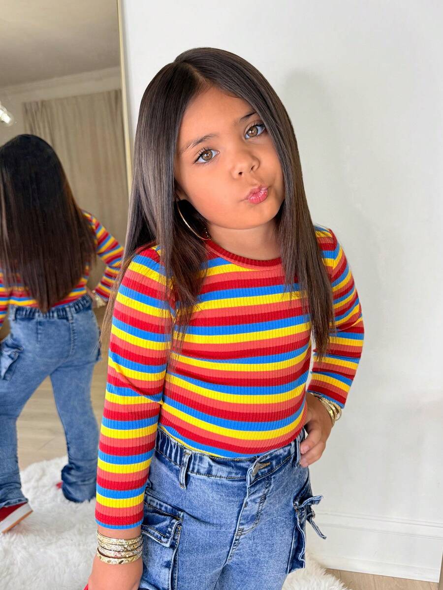 彩色条纹圆领长袖休闲针织上衣，适合年轻女孩，可爱，情人节款 - 彩色 - 查看 1