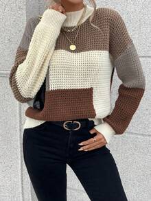 EMERY ROSE 女士撞色落肩长袖休闲宽松套头毛衣，秋冬款 - 彩色 - 查看 5