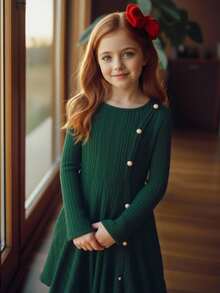 Emery Rose Kids Váy len dệt kim cổ tròn tay dài màu xanh lá cây cổ điển vừa vặn cho bé gái tuổi mới lớn, phù hợp cho mùa thu đông, màu đỏ cho Giáng sinh, trang phục dự tiệc, trang phục hàng ngày đến trường, sinh nhật - màu đen - Xem 6