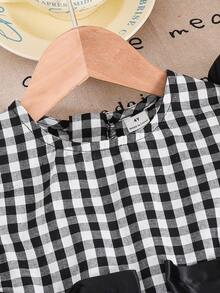 SHEIN 女童蝴蝶结格子休闲连衣裙，适合日常穿着，春夏款 - 黑色 - 查看 5