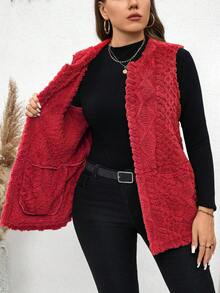 SHEIN LUNE Áo vest hở hai túi phía trước họa tiết lông mềm mại cỡ lớn dành cho nữ, thích hợp mặc vào mùa thu, quần áo thu cỡ lớn - Đỏ - Xem 4
