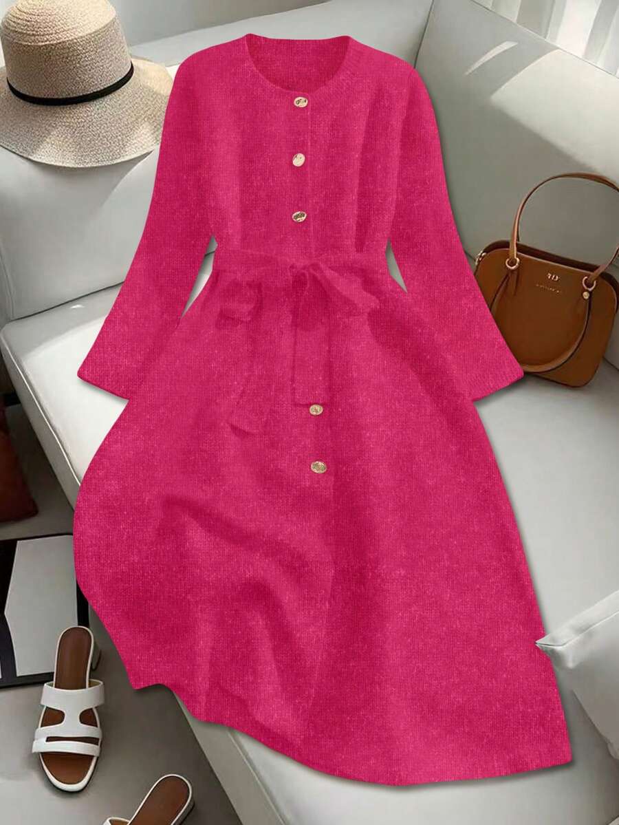 SHEIN LUNE 女士圆领纽扣腰带长款针织毛衣连衣裙 - 玫紅色 - 查看 1
