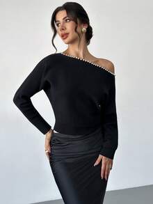 Firerie Women's Elegant Minimalist Delicate Romantic Date Daily Versatile New Arrival Popular New Year Valentine's Day Spring Pearl Shoulder Long Sleeve Loose Black Knit Sweater,Sweaters For Women - Black - View 9