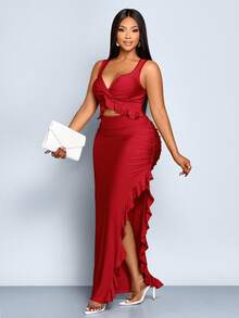 SOLERSUN Große Größen Frauen Rüschen Saum einfarbiges ärmelloses Bodycon Kleid, Hühnerhalslinie, verdrehte Brust, Rüschen Kanten, ausgehöhlter Vorderleib, hoher Schlitz Saum, Rüschen Kanten, Slim Fit, Taillierung, sexy langes Kleid, Maxikleid, rotes Kleid, Abschlusskleid, Weihnachten, Neujahr - Bordeaux - Übersicht 1