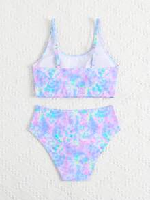 SHEIN 2件套少女彩色波浪纹弹力速干舒适针织面料沙滩装套装，适合海滩、泳池、海边、冲浪、度假、夏季、旅行 - 紫色 - 查看 2