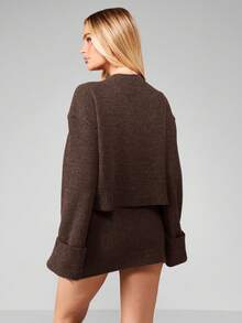 MISSGUIDED Waffle Textured Knitted Button Up Cardigan Mini Skirt Co Ord Set Fall Winter Two Piece Outfit - Mocha Brown - View 2