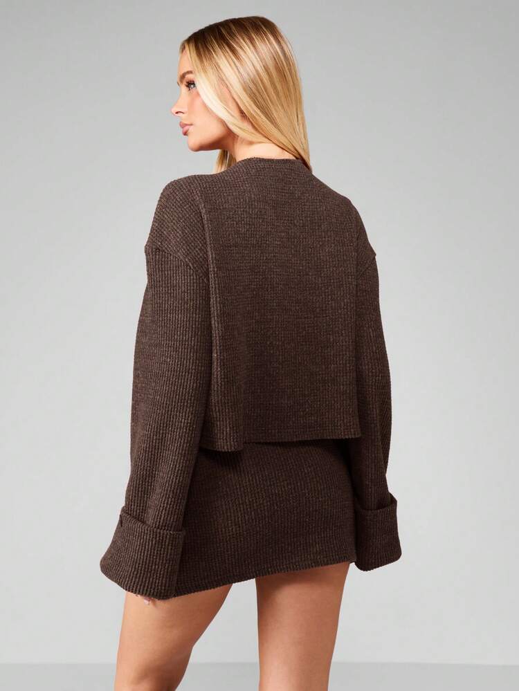 MISSGUIDED Waffle Textured Knitted Button Up Cardigan Mini Skirt Co Ord Set Fall Winter Two Piece Outfit