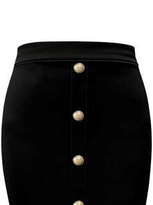 GlowEve Women's Solid Color Metal Button Decorated Elegant Pencil Skirt - Black - View 4