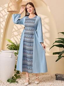 SHEIN 少女蓝色迷雾蓝色亚麻雪纺拼接印花流苏系腰休闲连衣裙，春夏款 - 藍色 - 查看 8
