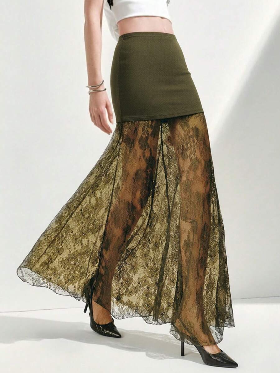 Arave Women's Elastic Waist Contrast Lace Skirt, Women's Black Long Lace See-Through Skirt, Sexy Bodycon Skirt, Flared Skirt, Suitable For Valentine's Day, - Army Green - View 1