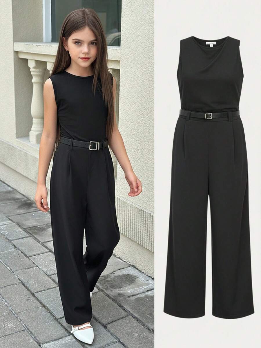 Firerie Kids Firerie Kids Tween Girls' Black Plunge Neck Jumpsuit For Commute & Daily Wear Black Jumpsuit Wide Leg Jumpsuit One Piece Jumpsuit Sleeveless Jumpsuit - Black - View 1