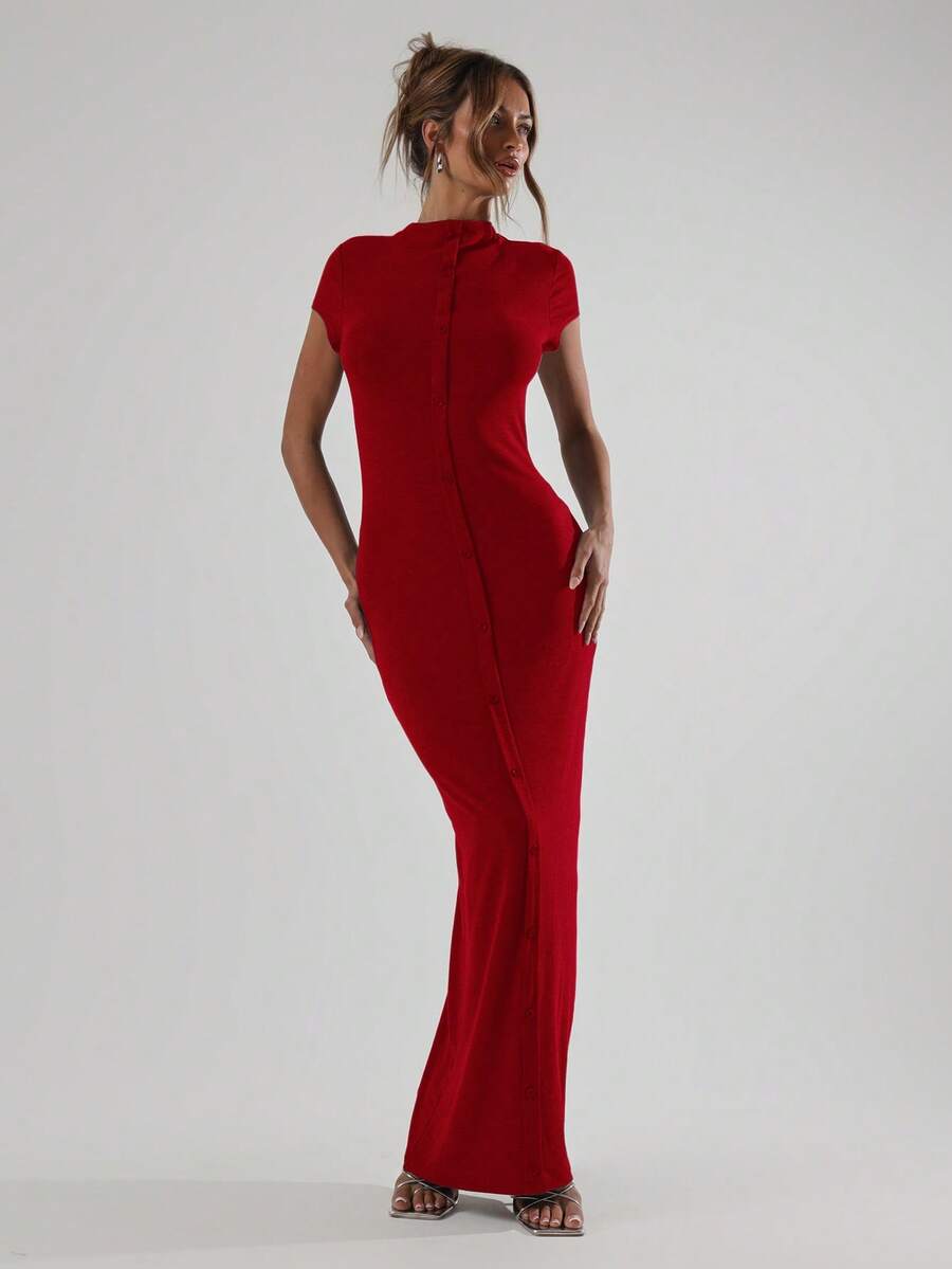 MUSERA Mock Neck Button Through Fitted Short Sleeve Cute Maxi Dress Summer Vacation Holiday Night Out Wedding Guest Elegant Date Long Graduation - Red - View 1