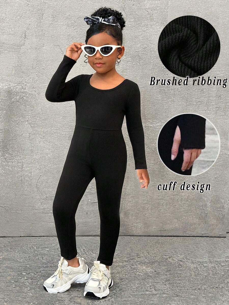 Mono básico de deporte casual de cuello redondo para niña joven - Negro - Ver 1