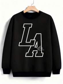 Hombre004 Sudadera de cuello redondo de moda Parte superior de ropa para casa, cómoda y abrigada cálida para otoño e invierno, con envío local desde México Camisa negra con el distintivo "LA" que refleja un estilo atemporal y elegante, perfecta para cualquier ocasión casual - Negro - Ver 1