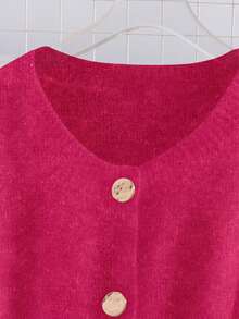 SHEIN LUNE 女士圆领纽扣腰带长款针织毛衣连衣裙 - 玫紅色 - 查看 3