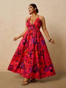 Travachic Vestido de verano de talla grande con cuello en V profundo, sin mangas y estampado floral y de plantas en estilo bohemio - Rojo - Ver 6