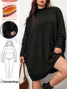 Enliva 大码女装长袖连衣裙，蝙蝠袖长袖连衣裙，适合秋冬季节，适合苹果型圆臀身材 - 黑色 - 查看 1