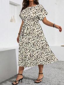 Vionelle 大码夏季休闲印花蝙蝠袖连衣裙，褶裥下摆，女士长款连衣裙，动物印花连衣裙，褶裥中长连衣裙，猎豹纹连衣裙，豹纹连衣裙，优雅夏季连衣裙 - 杏色 - 查看 3