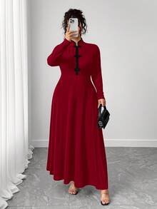 Elenzga Đầm sườn xám cải tiến kiểu Trung Hoa tay dài cỡ lớn cho nữ - Đỏ - Xem 5