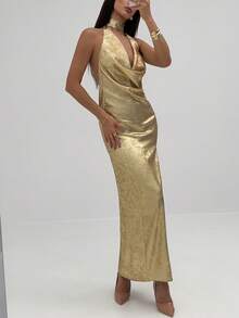 Aloruh Váy hở lưng hở lưng cổ khoét sâu bằng kim loại gợi cảm dành cho nữ - Vàng - Xem 7