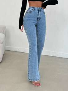 EURMUSE 98% CottonHigh Waist Snow Wash Flare Jean - Medium Wash - View 6
