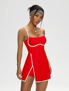SHEIN Sports 女士撞色滚边修身不对称下摆吊带连衣裙 - 紅色 - 查看 8
