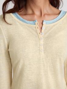 Easelle 女士休闲日常通勤简约百搭半开襟长袖修身T恤，春秋季 - 芥末黃 - 查看 1