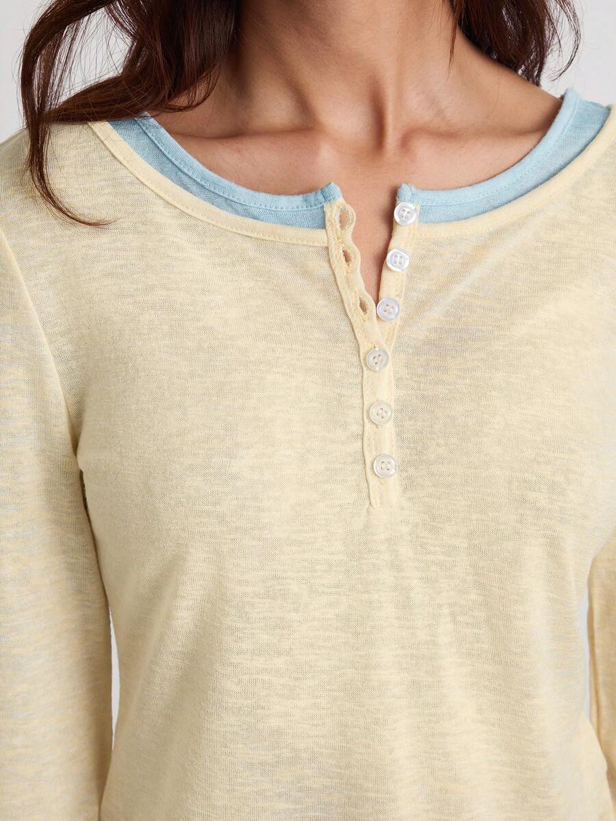 Easelle 女士休闲日常通勤简约百搭半开襟长袖修身T恤，春秋季 - 芥末黃 - 查看 1