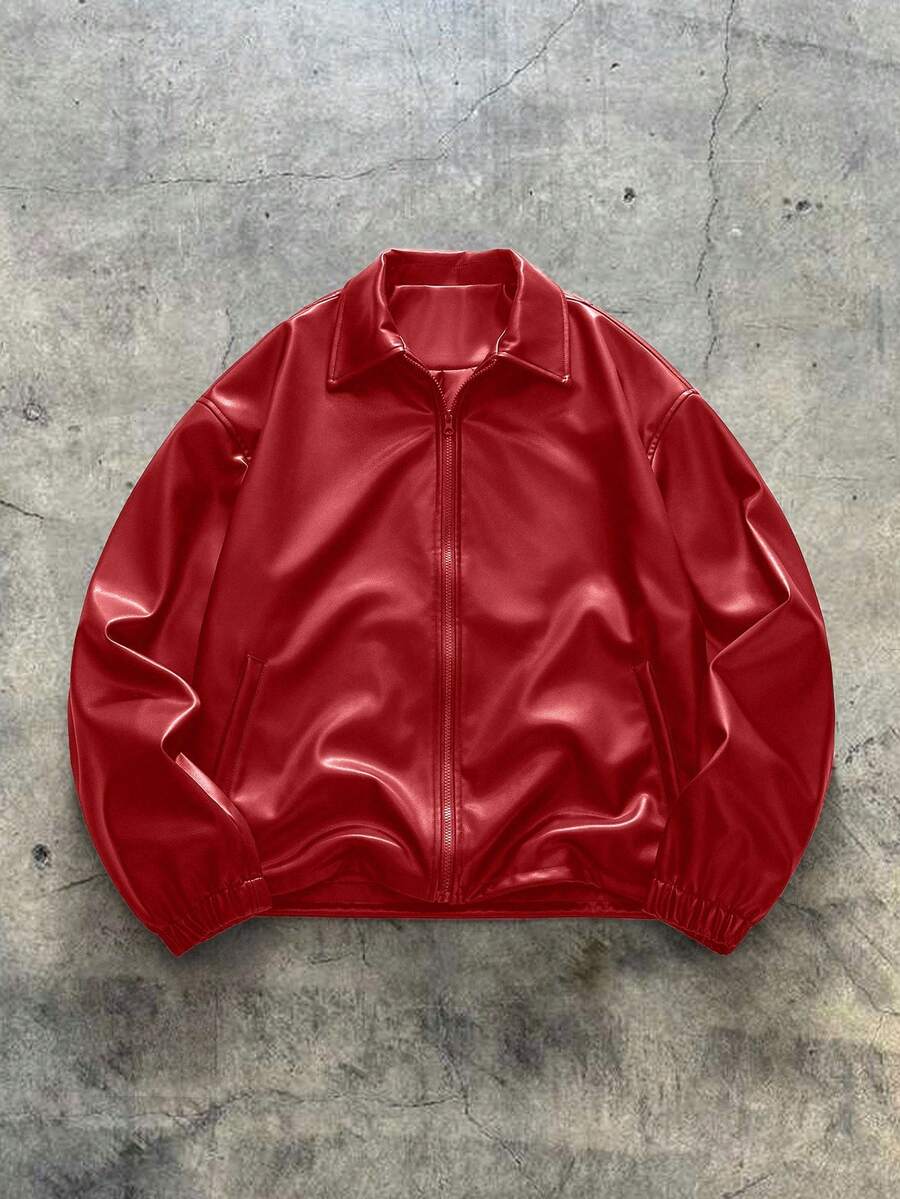 AXEPEAK Plus Size Men's Fashionable Solid Color Zip-Up Collar Jacket, Autumn - Red - View 1