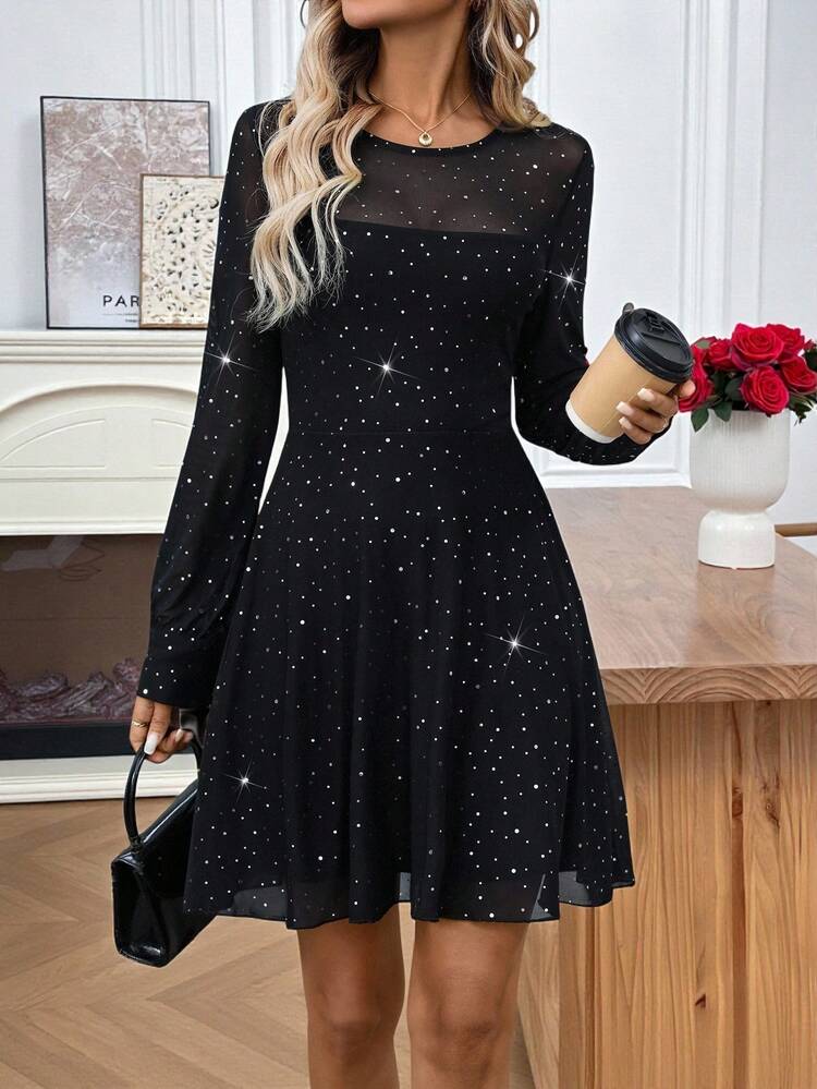 Women's Rhinestone Mesh Round Neck Long Sleeve Elegant Short Dress Winter Dress Women Christmas Party Dress Elegant Party Dresses Graduation Dress Elegant Dresses For Women Shiny Dress Black Dress Going Out Dress Fall Dresses For Women Birthday Dresses For Women,Dresses For Women Elegant New Year Dress New Year Clothes
