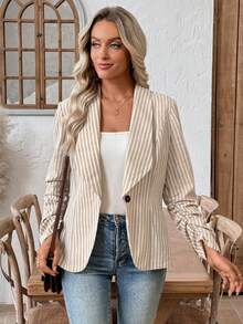 EMERY ROSE 女士条纹印花单扣优雅长袖西装外套，春假必备单品 - 彩色 - 查看 6