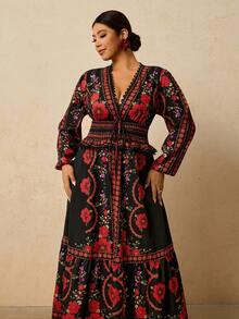 Travachic 大码女式黑红印花连衣裙，褶皱蕾丝边拼接连衣裙，腰部系带A字长袖长款连衣裙，浪漫约会旅行连衣裙 - 黑色 - 查看 4