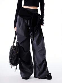 Bloopia 女士休闲时尚褶皱宽松阔腿裤 - 深灰色 - 查看 4