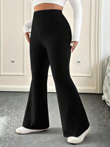 CovetEZ Pantalones acampanados de textura arrugada de unicolor para mujer de talla grande - Negro - Ver 3