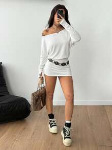 Coolane Women's Winter Y2K Party Street Wear Casual  Date Night Asymmetric Shoulder Long Sleeve Ruched Fashionable White Beltless Mini Dress For Elegant - White - View 5