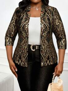 SHEIN Lady 新款加大码女式黑色宫廷水钻印花西装外套，四季皆宜，商务休闲皆可，优雅花卉印花西装外套，适合派对、学校聚会、秋冬圣诞节等场合。 - 金色 - 查看 3