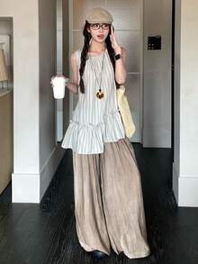 SHEIN K-Vae 女士休闲日常通勤度假条纹印花不对称荷叶边下摆宽松背心，夏季 - 杏色 - 查看 5