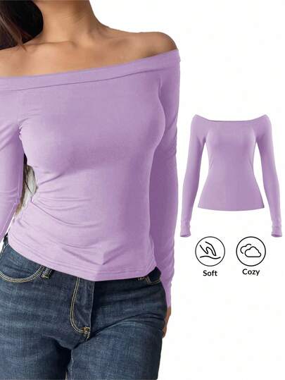 SHEIN BASICS Casual Solid Color Knit Off Shoulder Long Sleeve Fitted Women Top Lavender Top Off Shoulder Long Sleeve Top Light Purple Top
