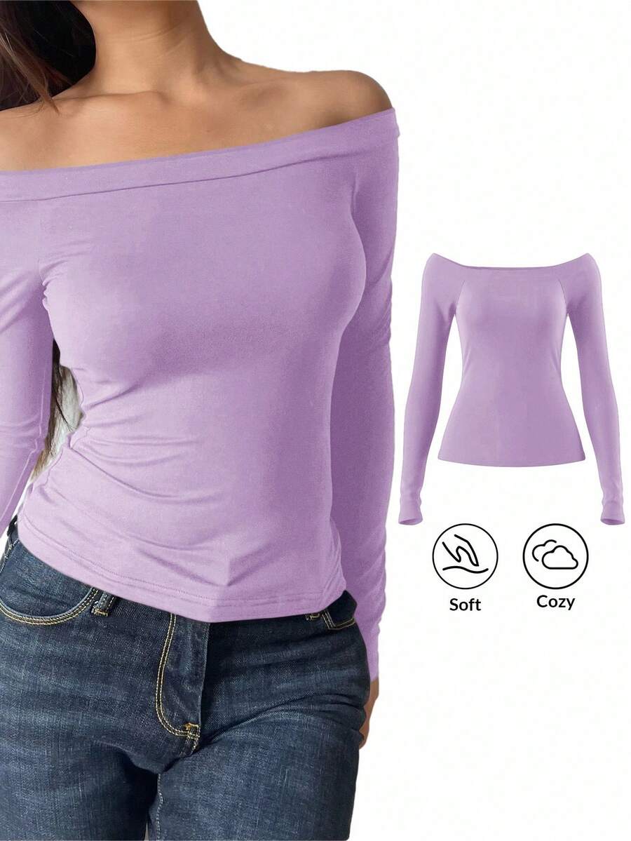 SHEIN BASICS 休闲纯色针织露肩长袖修身女式上衣 - 紫色 - 查看 1
